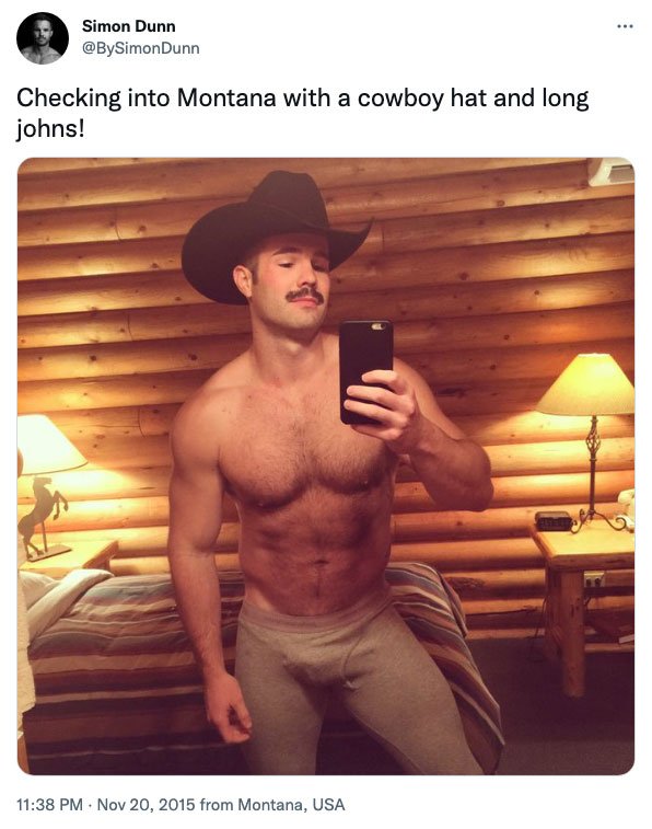 Out athlete Simon Dunn tweets shirtless from Montana with cowboy hat