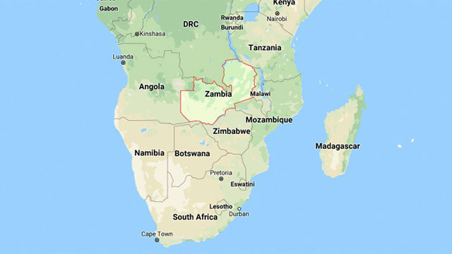 World map showing Zambia on continent of Africa