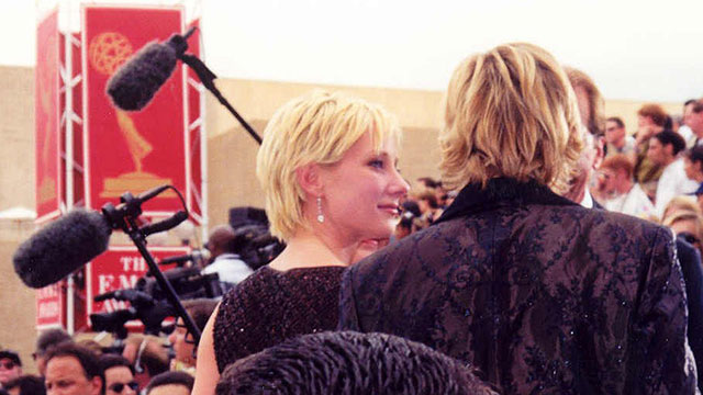 Anne Heche with Ellen DeGeneres on the red carpet at the 49th Annual Emmy Awards, 9/14/97. Heche says today she feels like she was 'patient zero' in cancel culture after being blacklisted by Hollywood due to the relationship.