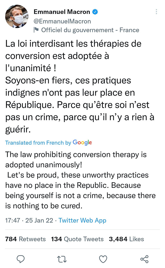 French President Macron celebrated the passage of a new law banning conversion therapy