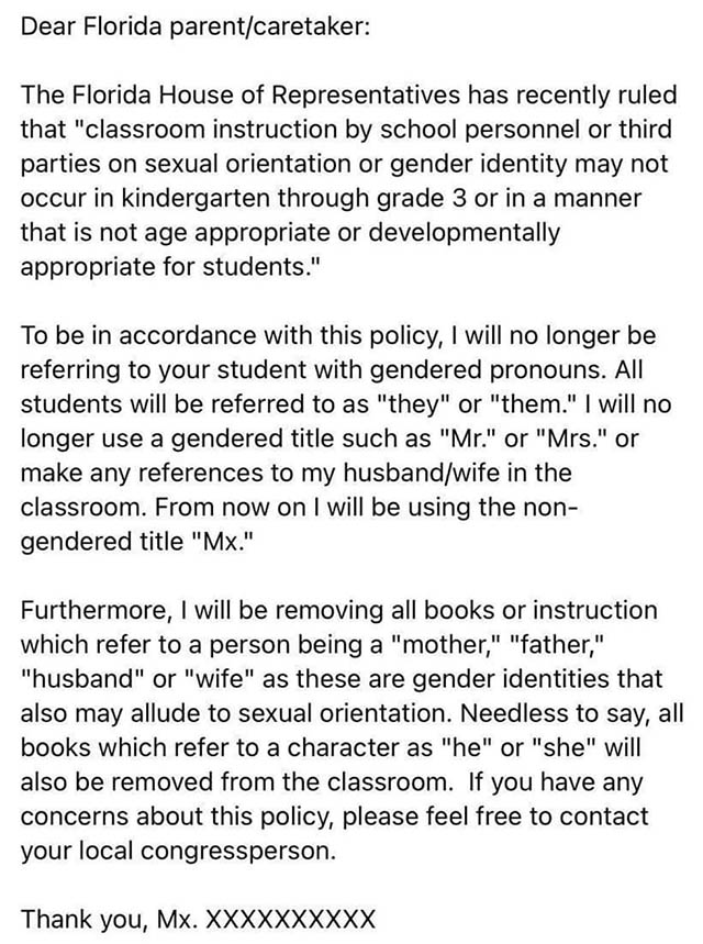 Memo being circulated among Florida teachers in response to hateful new Don't Say Gay law