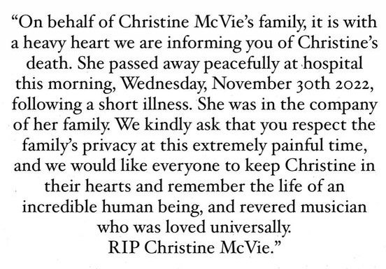 Christine McVie Of Fleetwood Mac Dead At 79