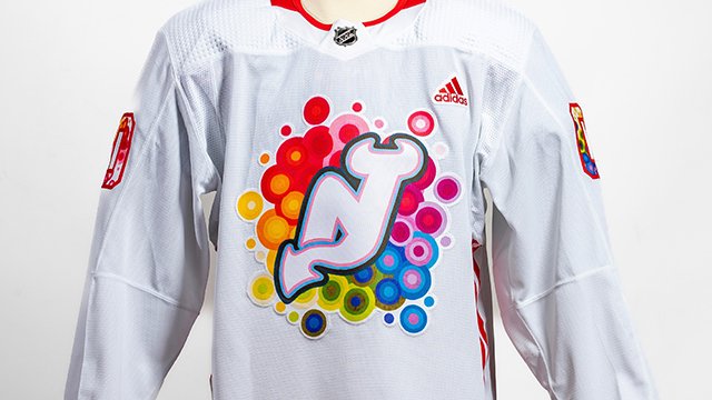 New Jersey Devils Pride Night arrival jersey designed by Kathryn Kennedy