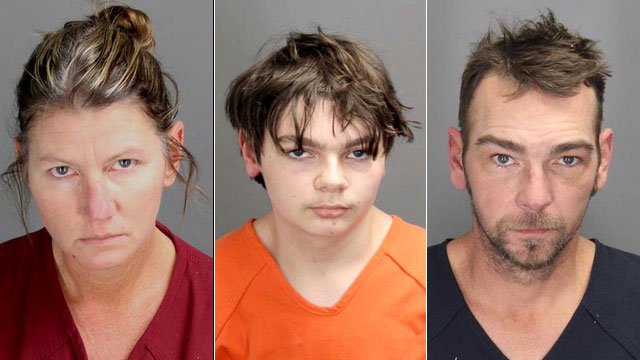 L-R Jennifer Crumbley, Ethan Crumbley, James Crumbley (mug shots via Oakland County Jail)