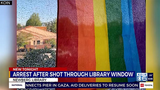 A window at the Newberg Public Library displaying a rainbow LGBTQ Pride flag was shattered by a BB gun earlier this week.