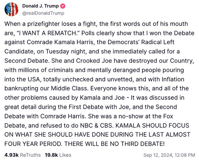 Donald Trump chickens out on a second debate with Kamala Harris