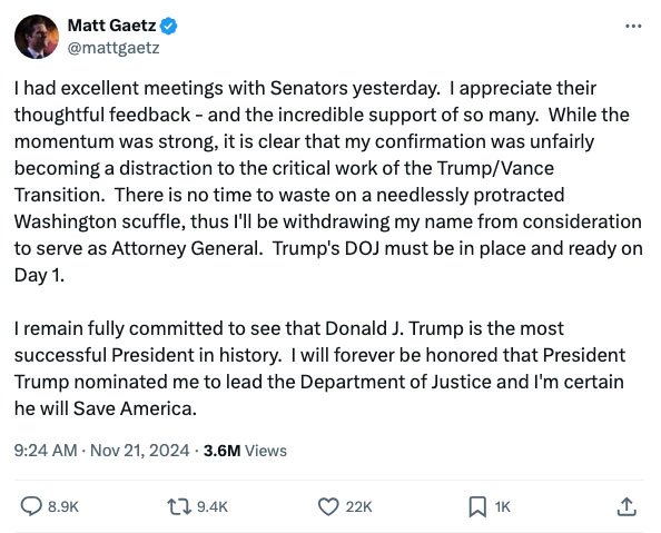 Matt Gaetz withdraws