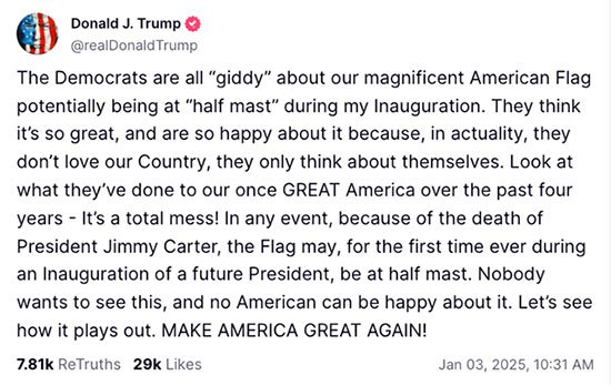 Donald Trump pissed flags will be at half-mast for his inauguration.