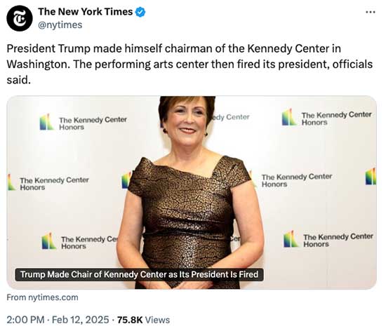 Donald Trump has installed himself as chairman of the Kennedy Center for the Performing Arts