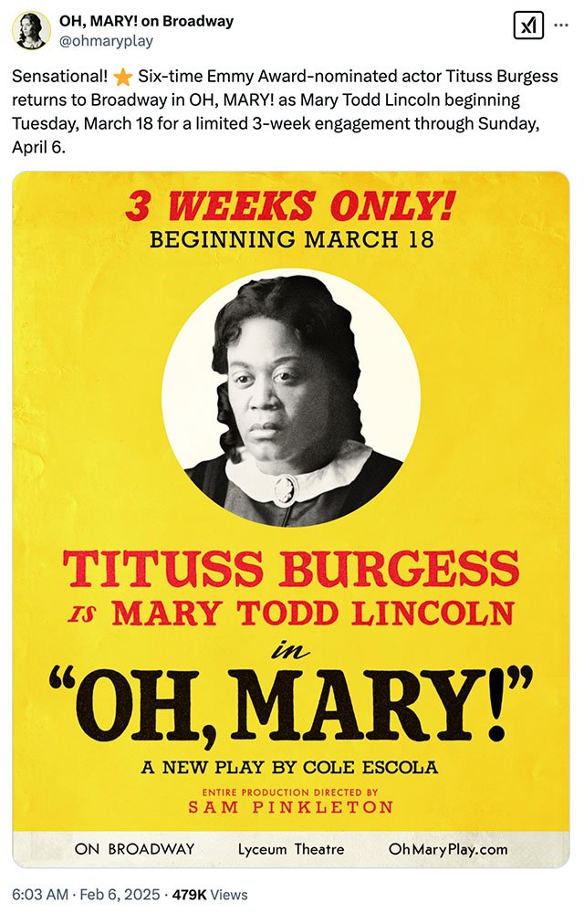 Tituss Burgess will take over the role of Mary Todd Lincoln in the Broadway play "Oh, Mary!"
