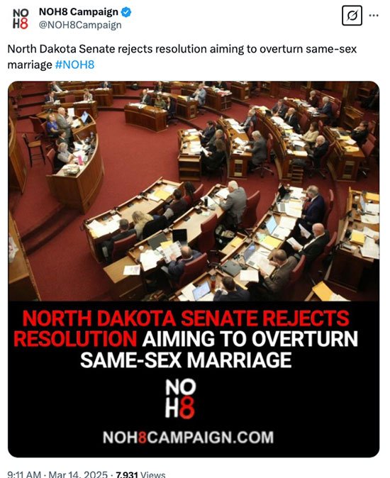 North Dakota state Senate rejects anti-same-sex marriage resolution