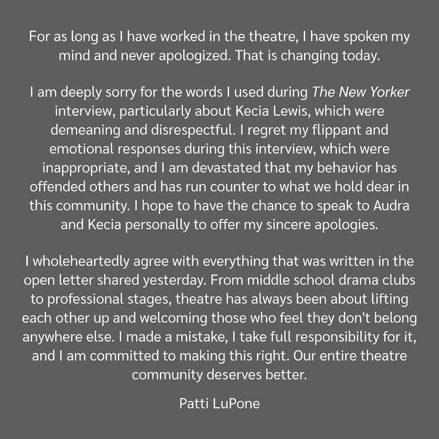 Patti LuPone apologizes