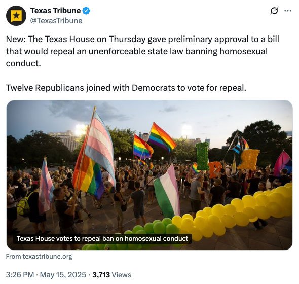 Lawmakers in the Texas House voted to remove a ban on gay sex from the law books 22 years after the Supreme Court ruled it unconstitutional.