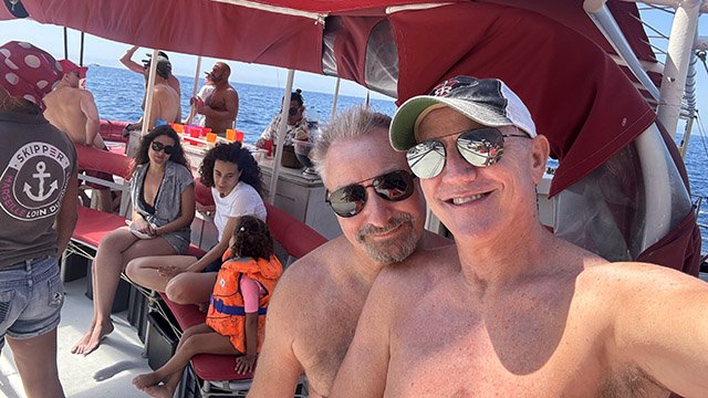 Randy and Michael on catamaran off Marseille, France