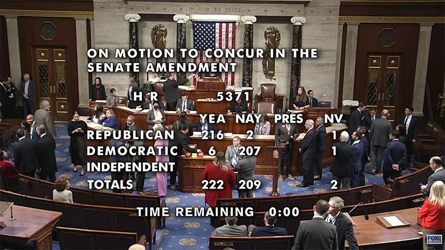 House of Representatives votes 222-209 to end federal government shutdown