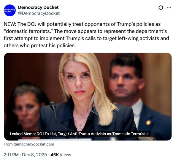 DOJ memo says it will treat critics of Trump policies as "domestic terrorists"