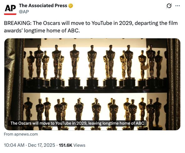 The Oscars are moving to YouTube