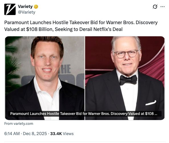 Paramount has announced its hostile takeover bid of $108 billion for Warner Bros. Discovery