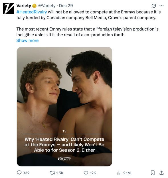 Heated Rivalry will not be eligible for Emmy Awards