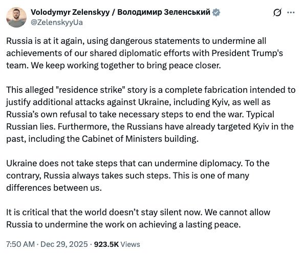Zelenskyy responds to Putin claim of drone attack on his residence