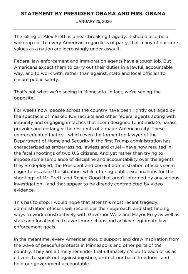 Statement from former President Barack Obama on the recent ICE shootings in Minneapolis