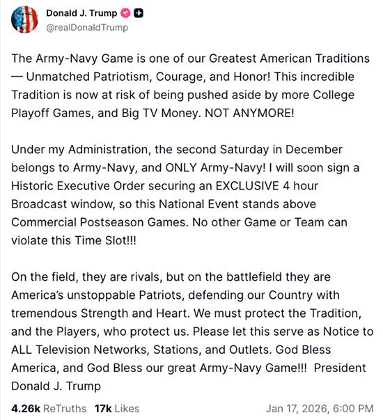 Trump orders no competition for annual Army-Navy football game