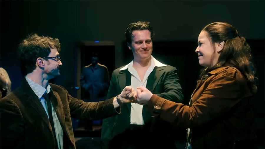 Tony Award winners Daniel Radcliffe, Jonathan Groff and Lindsey Mendez in 'Merrily We Roll Along'