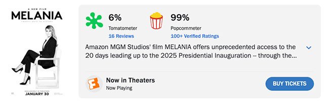 The "verified" Rotten Tomatoes audience reviews for the Melania doc all come from new accounts that have never posted before.
