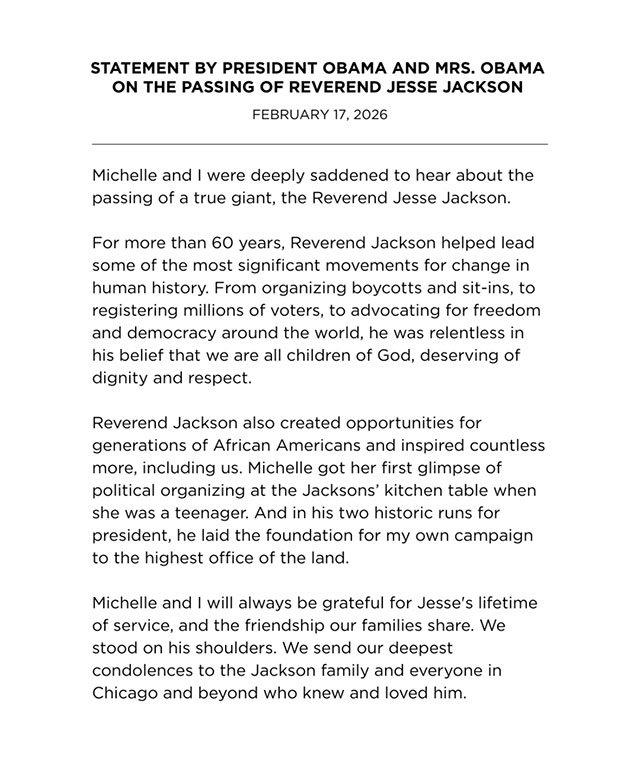 President Obama issues statement on the passing of Jesse Jackson