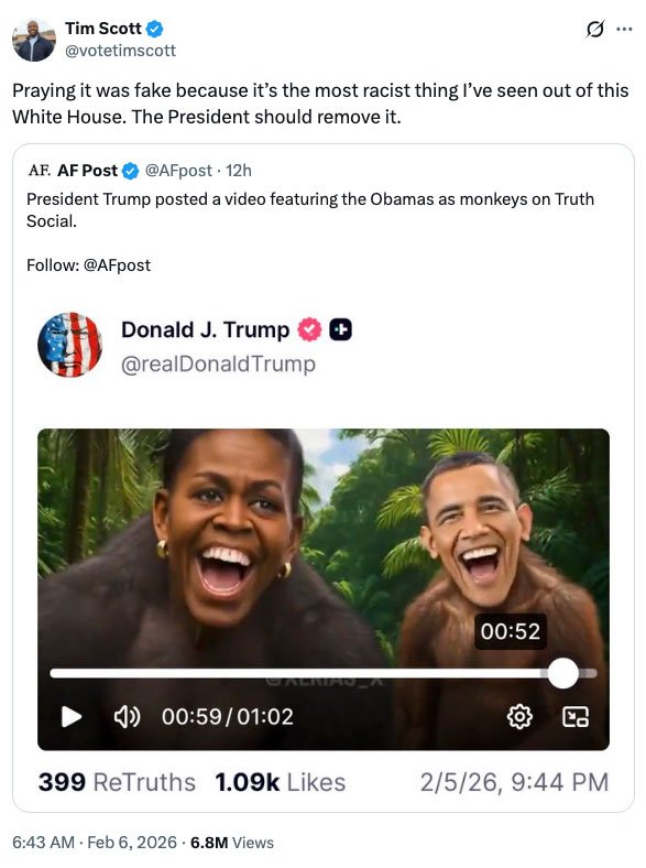 Sen. Tim Scott (R-SC) issues statement on racist video clip shared by Donald Trump