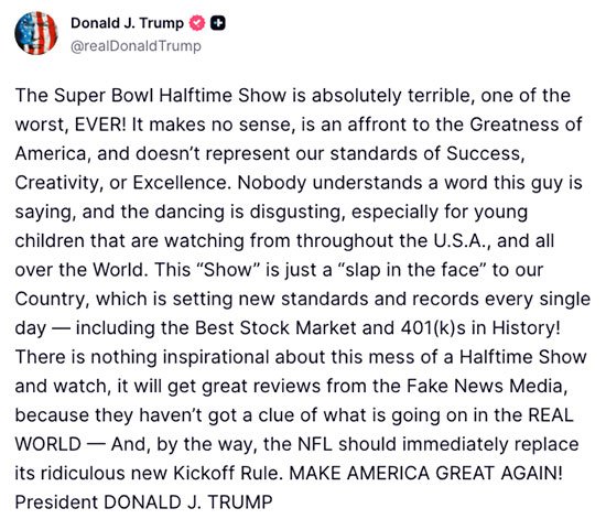 Donald Trump raged on social media about Bad Bunny's spectacular Super Bowl Halftime Show