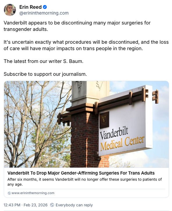 Vanderbilt University Medical Center in Nashville, Tennessee, has announced it will cease gender-affirming plastic surgeries for adults due to "operational limitations and lack of surgical coverage."