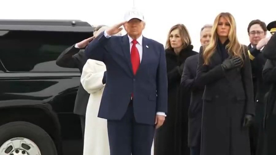 Donald Trump wore a white campaign cap during the dignified transfer of six fallen U.S. soldiers