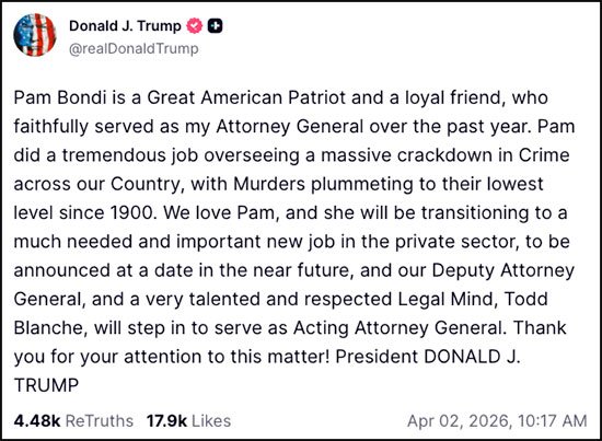 Trump fires Attorney General Pam Bondi
