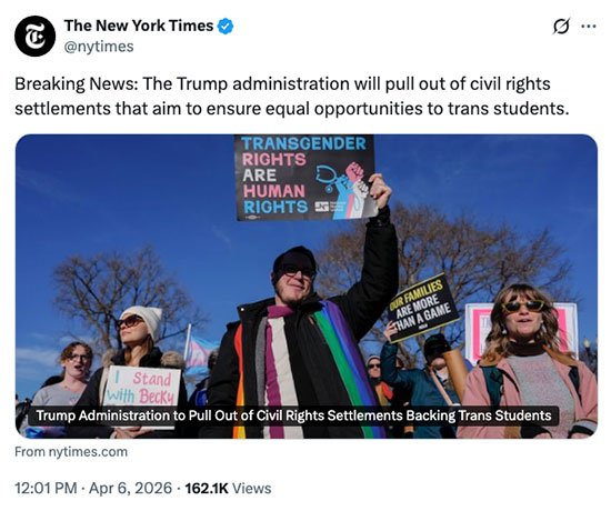 The Trump administration will pull out of civil rights settlements that aim to ensure equal opportunities to trans students.