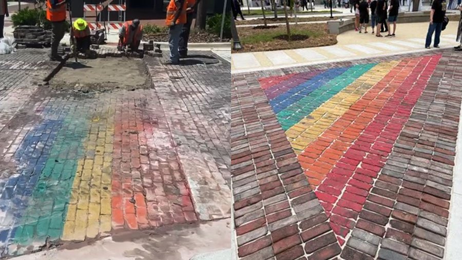 Gainesville repurposes removed rainbow crosswalk bricks in new City Hall Plaza (right photo - Chelsea Long)