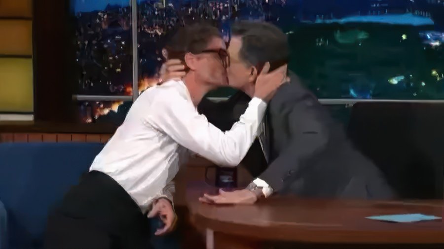 Pedro Pascal gets a kiss from Stephen Colbert (screen cap)