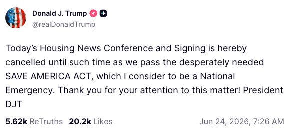 Trump refuses to sign bipartisan housing bill until Congress passes his SAVE America Act that would require proof of citizenship to vote