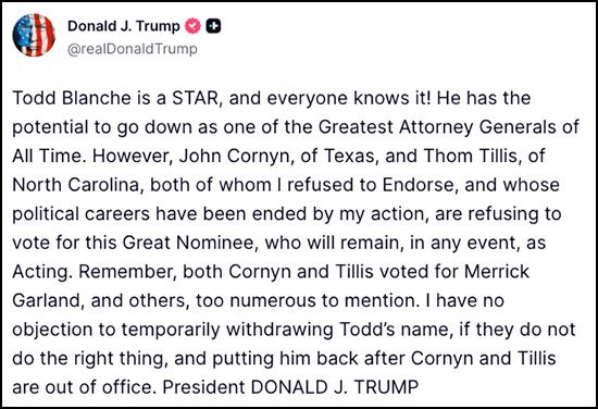 Trump may withdraw nomination of Todd Blanche as Attorney General