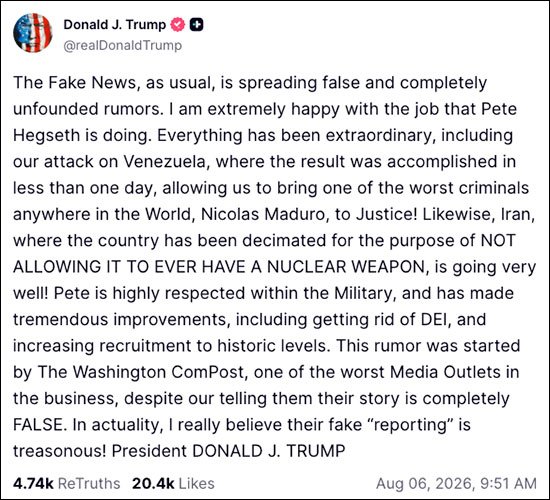 Trump says he's totally happy in his love affair with Pete Hegseth and esp likes to cuddle with him