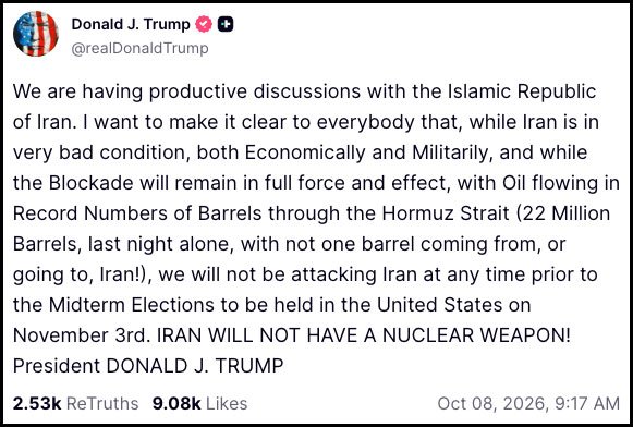 Trump promises no attacks on Iran before midterm elections